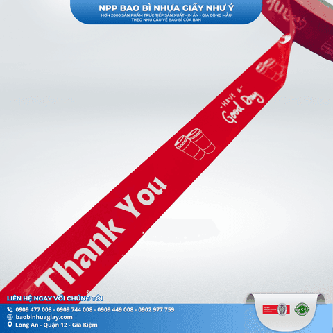 Băng keo dán nắp ly 1F5 x 60m  ( In Thank you, Nền ĐỎ chữ trắng) (20 cuộn/cây) | Tổng kho phân phối đồ dùng 1 lần 1lan.vn