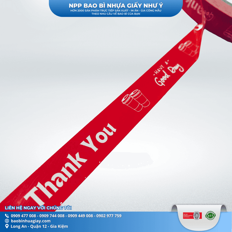 Băng keo dán nắp ly 1F5 x 60m  ( In Thank you, Nền ĐỎ chữ trắng) (20 cuộn/cây) | BĂNG KEO - MÀNG BỌC TP - DÂY THUN - GIẤY IN | Mã HHBK001_10
