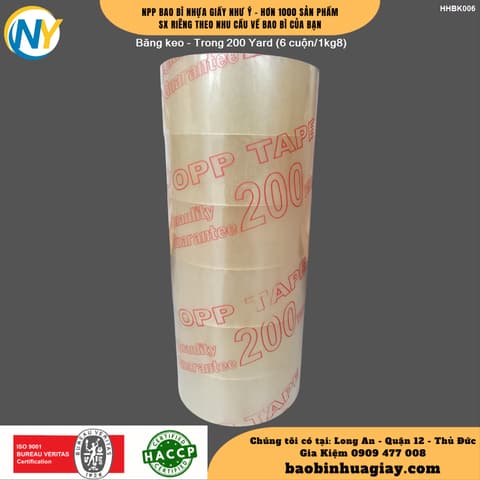 Băng keo - Trong 200 Yard (6 cuộn/1kg8) | BĂNG KEO - MÀNG BỌC TP - DÂY THUN - GIẤY IN | Mã HHPP001006 | Tổng kho phân phối đồ dùng 1 lần 1lan.vn