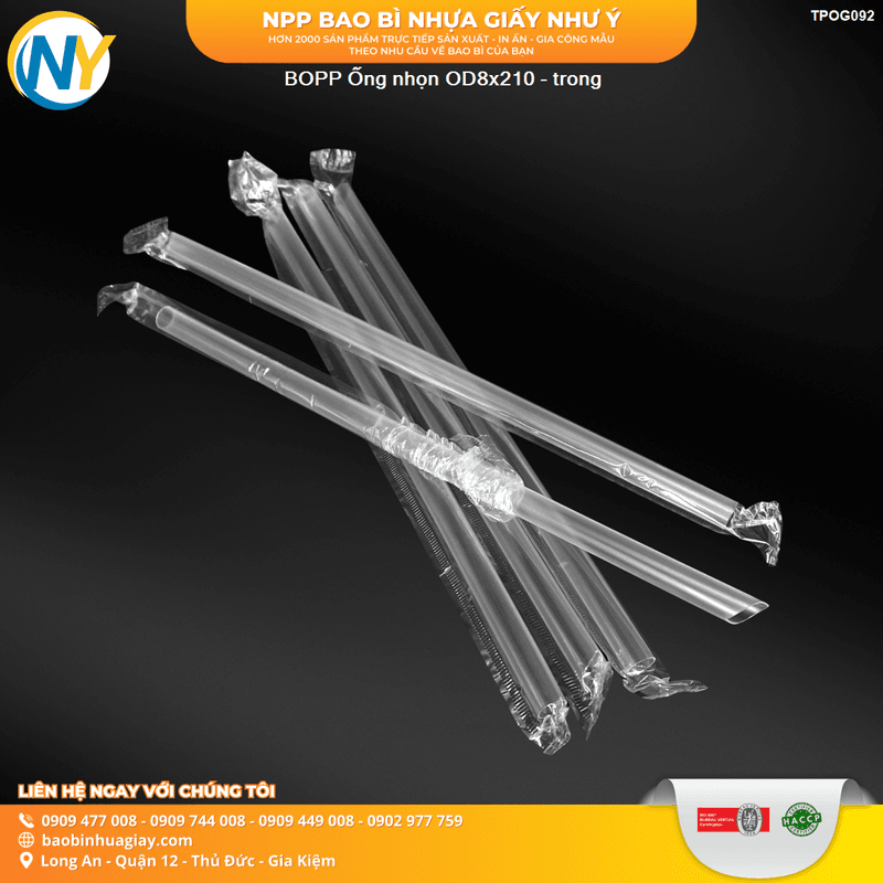 BOPP Ống nhọn OD8x210 - trong | ỐNG HÚT - ỐNG THẲNG/CONG/NHỌN - BỌC MÀNG BOPP | Mã TPOG092