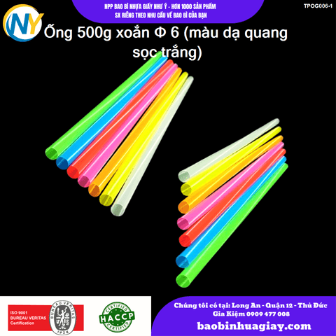 Ống 500g xoắn phi D6 (màu dạ quang sọc trắng) | ỐNG HÚT - ỐNG THẲNG/CONG/NHỌN - BỌC MÀNG BOPP | Mã TPOG006-1 | Tổng kho phân phối đồ dùng 1 lần 1lan.vn
