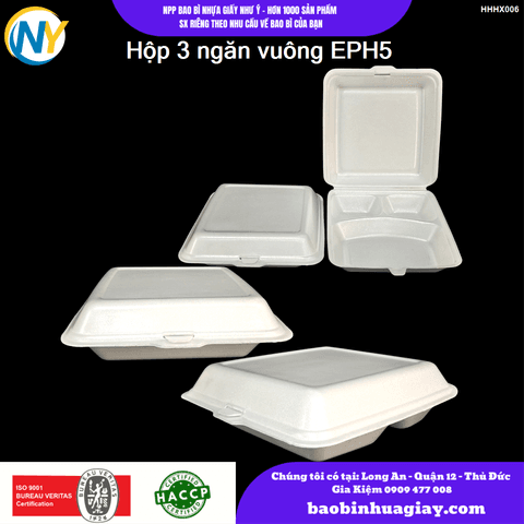 Hộp 3 ngăn vuông EPH5 | HỘP CƠM | Mã HHHX006 | Tổng kho phân phối đồ dùng 1 lần 1lan.vn