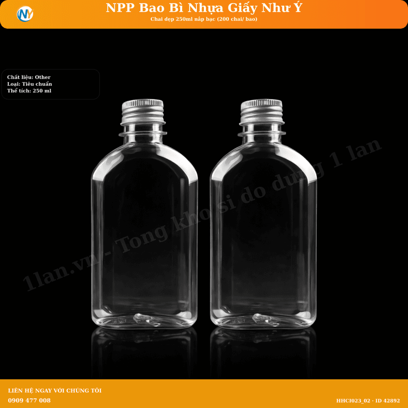 Chai dẹp 250ml nắp bạc (200 chai/ bao) | HŨ NHỰA - CHAI NHỰA | Mã HHCI023_02