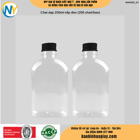 Chai Nhựa Dẹp 250ml Nắp Đen – Quy Cách 200 Chai/Bao | HŨ NHỰA - CHAI NHỰA | Mã HHCI023_01 | Tổng kho phân phối đồ dùng 1 lần 1lan.vn
