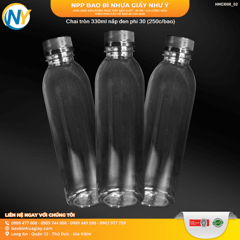 Chai tròn 330ml nắp màu đen phi D30 ( 250 cái/bao ) | HŨ NHỰA - CHAI NHỰA | Mã HHCI006_02 | Tổng kho phân phối đồ dùng 1 lần 1lan.vn