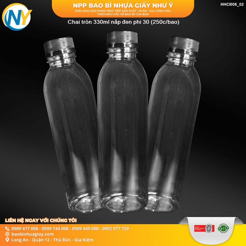 Chai nhựa TRÒN 330ml - Nắp ĐEN phi D30 (250 cái/bao) (Chai đựng trà sữa, nước ép) | HŨ NHỰA - CHAI NHỰA | Mã HHCI006_02
