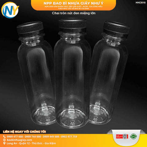 Chai tròn 330ml nắp đen phi D38 (200chai/bao) (miệng rộng) | HŨ NHỰA - CHAI NHỰA | Mã HHCI018 | Tổng kho phân phối đồ dùng 1 lần 1lan.vn