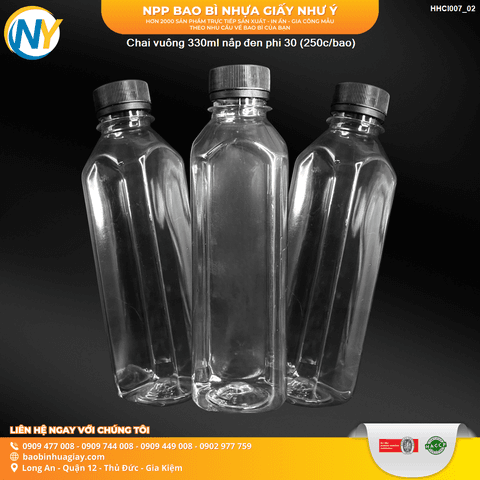 Chai vuông kích thước 330ml nắp đen phi D30 (250cái/bao) | HŨ NHỰA - CHAI NHỰA | Mã HHCI007_02 | Tổng kho phân phối đồ dùng 1 lần 1lan.vn