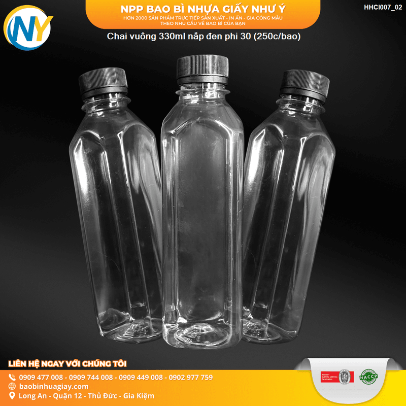 Chai nhựa VUÔNG 330ml - Nắp ĐEN phi D30 (250 cái/bao) (Chai đựng trà sữa, nước ép) | HŨ NHỰA - CHAI NHỰA | Mã HHCI007_02