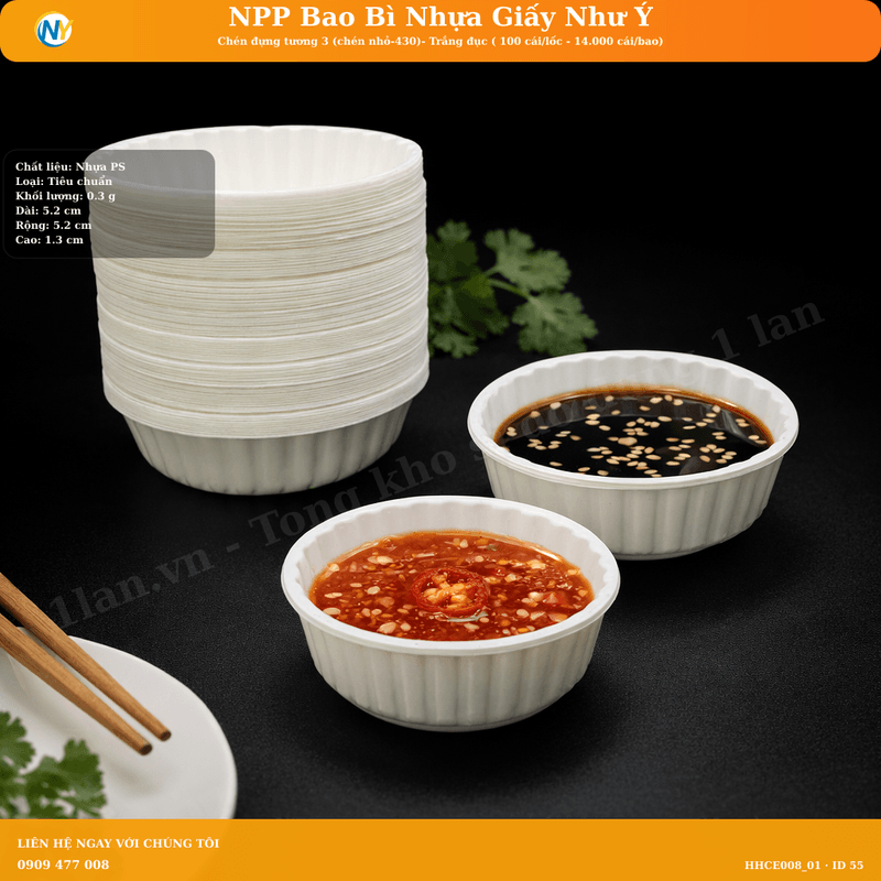 Chén đựng tương 3 (chén nhỏ-430)- Trắng đục ( 100 cái/lốc - 14.000 cái/bao) | HỘP SỐT - HŨ ĐỰNG TOPPING - HŨ TƯƠNG - CHÉN TƯƠNG | Mã HHCE008_01