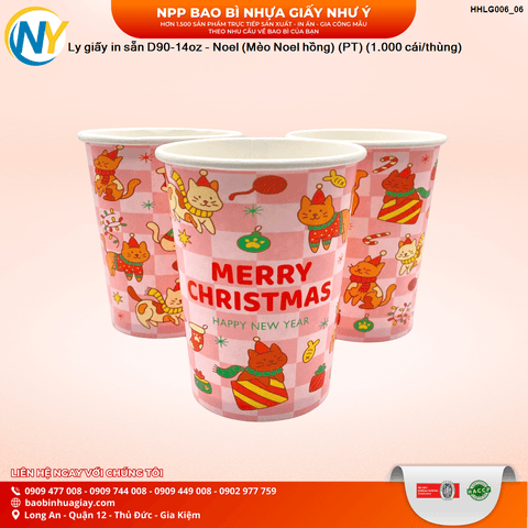 Ly giấy in sẵn D90-14oz - Noel (Mèo Noel hồng) (PT) (1.000 cái/thùng) | LY GIẤY | Mã HHLG006_06 | Tổng kho phân phối đồ dùng 1 lần 1lan.vn