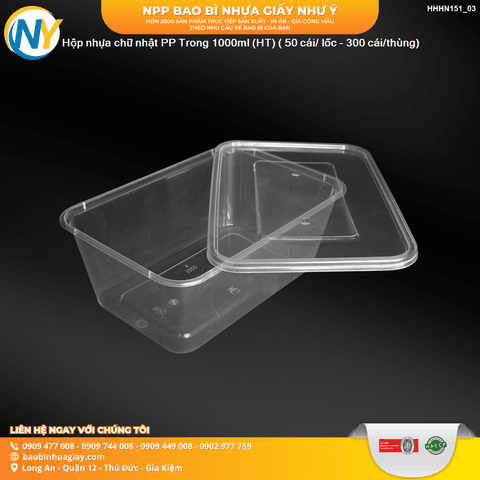 Hộp nhựa Microwave CN 1000ml - Trong (HT) ( 50 cái/ lốc - 300 cái/thùng) | HỘP NHỰA, TÔ/THỐ NHỰA VUÔNG/TRÒN - HỘP MICROWAVE | Mã HHHN151_03 | Tổng kho phân phối đồ dùng 1 lần 1lan.vn