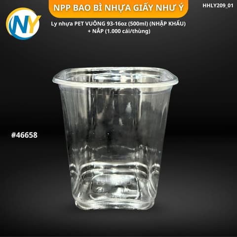 Ly nhựa PET VUÔNG 93-16oz (500ml) (NHẬP KHẨU) + NẮP  (1.000 cái/thùng) | LY NHỰA CỨNG - LY ĐỘC LẠ - LY TRENDING | Mã HHLY209_01 | Tổng kho phân phối đồ dùng 1 lần 1lan.vn