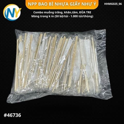 Combo muỗng trắng, khăn,tăm, ĐŨA TRE _Màng trong k in (50 bộ/túi - 1.000 túi/thùng) | ĐŨA - MUỖNG - DAO - NĨA - XIÊN - TĂM - COMBO Muỗng | Mã HHMG025_06 | Tổng kho phân phối đồ dùng 1 lần 1lan.vn