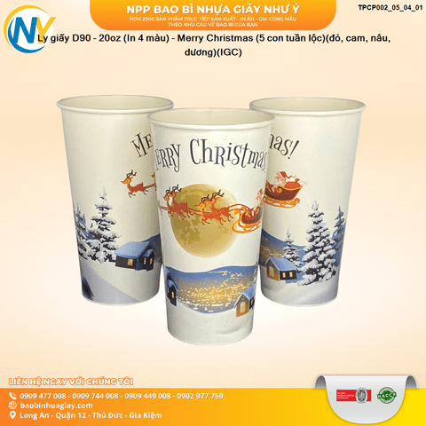 Ly giấy D90 - 20oz (In 4 màu) - Merry Christmas (5 con tuần lộc)(đỏ, cam, nâu, dương)(IGC) | LY GIẤY | Mã TPCP002_05_04_01 | Tổng kho phân phối đồ dùng 1 lần 1lan.vn