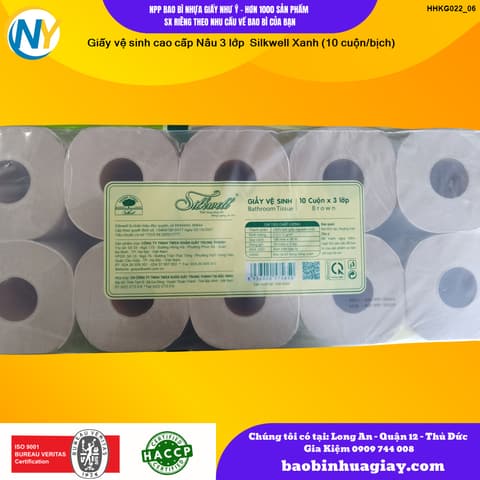 Giấy vệ sinh cao cấp Nâu 3 lớp  Silkwell Xanh (10 cuộn/bịch) | KHĂN GIẤY - KHĂN ĂN - GIẤY VỆ SINH - GIẤY RÚT | Mã HHKG022_06 | Tổng kho phân phối đồ dùng 1 lần 1lan.vn