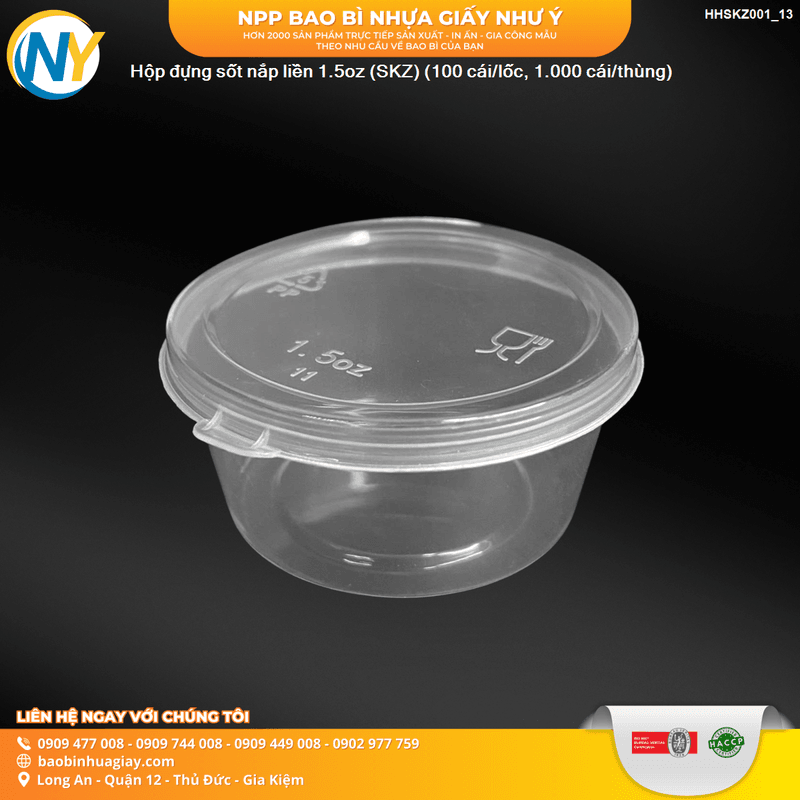 Hộp đựng sốt cao cấp (PP ép cứng) nắp liền 1.5oz (45ml) (SKZ) (100 cái/lốc, 1.000 cái/thùng) | HỘP SỐT - HŨ ĐỰNG TOPPING - HŨ TƯƠNG - CHÉN TƯƠNG | Mã HHHS005_02