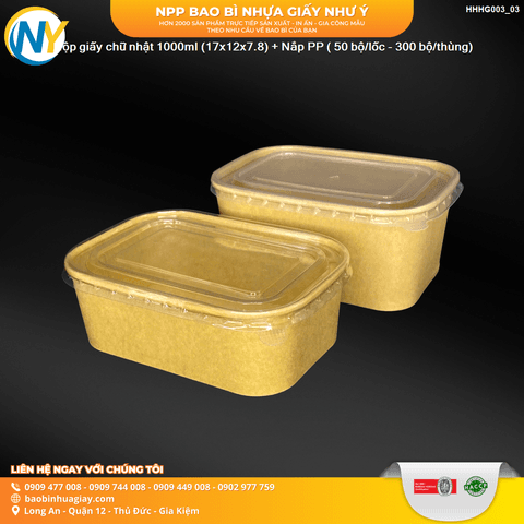 Hộp giấy chữ nhật 1000ml (17x12x7.8) + Nắp PP ( 50 bộ/lốc - 300 bộ/thùng) | TÔ GIẤY - TÔ CHÁO - TÔ PHỞ TÔ ĐỰNG MÓN NƯỚC - NẮP TÔ GIẤY | Mã HHHG003_03 | Tổng kho phân phối đồ dùng 1 lần 1lan.vn