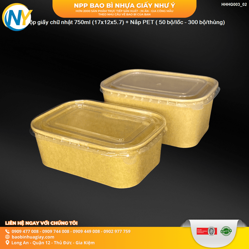 Hộp giấy chữ nhật 750ml (17x12x5.7) + Nắp PET ( 50 bộ/lốc - 300 bộ/thùng) | HỘP GIẤY - TÚI GIẤY NGÀNH BÁNH NGỌT- BÁNH MÌ - FASTFOOD - GÀ RÁN | Mã HHHG003_02