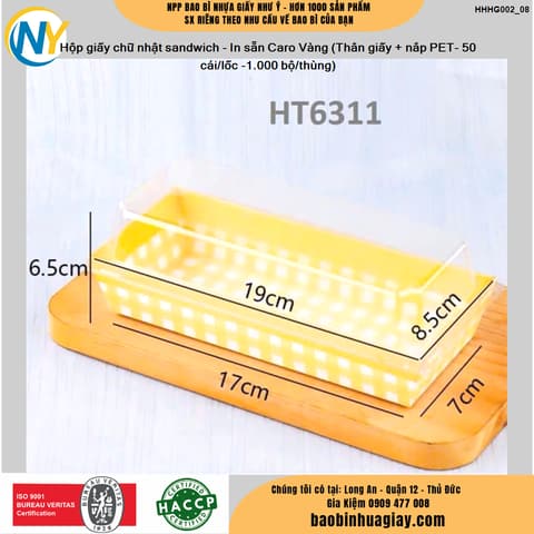 Hộp giấy chữ nhật sandwich - In sẵn Caro Vàng (Thân giấy + nắp PET- 50 cái/lốc -1.000 bộ/thùng) | HỘP GIẤY - TÚI GIẤY NGÀNH BÁNH NGỌT- BÁNH MÌ - FASTFOOD - GÀ RÁN | Mã HHHG002_08 | Tổng kho phân phối đồ dùng 1 lần 1lan.vn