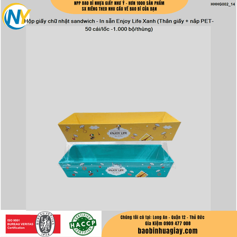Hộp giấy chữ nhật sandwich - In sẵn Enjoy Life Xanh (Thân giấy + nắp PET- 50 bộ/lốc -1.000 bộ/thùng) | HỘP GIẤY - TÚI GIẤY NGÀNH BÁNH NGỌT- BÁNH MÌ - FASTFOOD - GÀ RÁN | Mã HHHG002_14 | Tổng kho phân phối đồ dùng 1 lần 1lan.vn