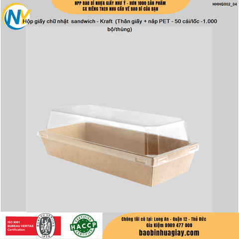 Hộp giấy chữ nhật  sandwich - Kraft  (Thân giấy + nắp PET - 50 cái/lốc -1.000 bộ/thùng) | HỘP GIẤY - TÚI GIẤY NGÀNH BÁNH NGỌT- BÁNH MÌ - FASTFOOD - GÀ RÁN | Mã HHHG002_04 | Tổng kho phân phối đồ dùng 1 lần 1lan.vn