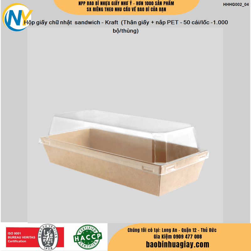 Hộp giấy chữ nhật  sandwich - Kraft  (Thân giấy + nắp PET - 50 cái/lốc -1.000 bộ/thùng) | HỘP GIẤY - TÚI GIẤY NGÀNH BÁNH NGỌT- BÁNH MÌ - FASTFOOD - GÀ RÁN | Mã HHHG002_04
