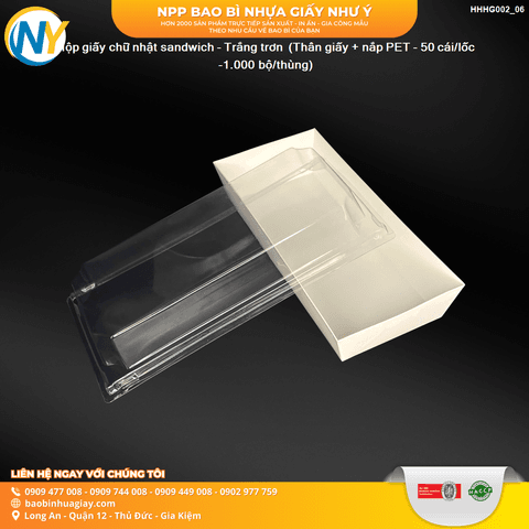 Hộp giấy chữ nhật sandwich - Trắng trơn  (Thân giấy + nắp PET - 50 cái/lốc -1.000 bộ/thùng) | HỘP GIẤY - TÚI GIẤY NGÀNH BÁNH NGỌT- BÁNH MÌ - FASTFOOD - GÀ RÁN | Mã HHHG002_06 | Tổng kho phân phối đồ dùng 1 lần 1lan.vn
