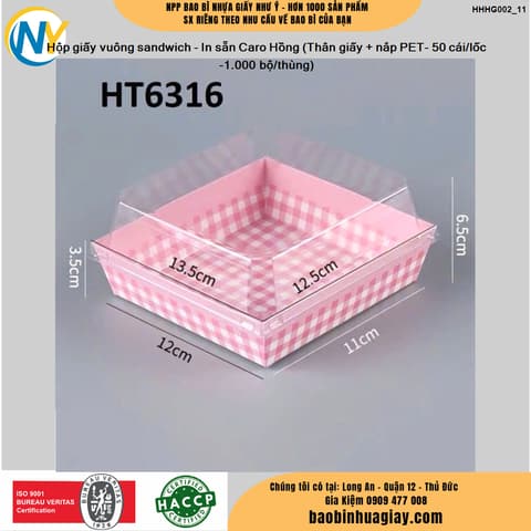 Hộp giấy vuông sandwich - In sẵn Caro Hồng (Thân giấy + nắp PET- 50 cái/lốc -1.000 bộ/thùng) | HỘP GIẤY - TÚI GIẤY NGÀNH BÁNH NGỌT- BÁNH MÌ - FASTFOOD - GÀ RÁN | Mã HHHG002_11 | Tổng kho phân phối đồ dùng 1 lần 1lan.vn