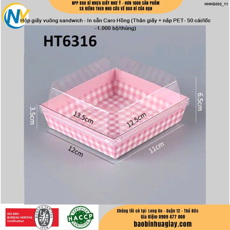 Hộp giấy vuông sandwich - In sẵn Caro Hồng (Thân giấy + nắp PET- 50 cái/lốc -1.000 bộ/thùng)