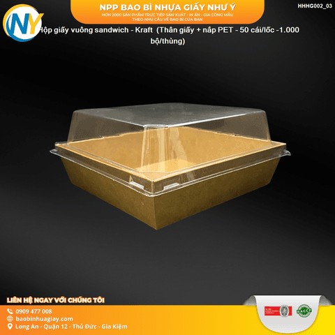 Hộp giấy vuông sandwich - Kraft  (Thân giấy + nắp PET - 50 cái/lốc -1.000 bộ/thùng) | HỘP GIẤY - TÚI GIẤY NGÀNH BÁNH NGỌT- BÁNH MÌ - FASTFOOD - GÀ RÁN | Mã HHHG002_03 | Tổng kho phân phối đồ dùng 1 lần 1lan.vn