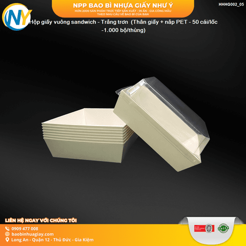 Hộp giấy vuông sandwich - Trắng trơn  (Thân giấy + nắp PET - 50 cái/lốc -1.000 bộ/thùng) | HỘP GIẤY - TÚI GIẤY NGÀNH BÁNH NGỌT- BÁNH MÌ - FASTFOOD - GÀ RÁN | Mã HHHG002_05 | Tổng kho phân phối đồ dùng 1 lần 1lan.vn