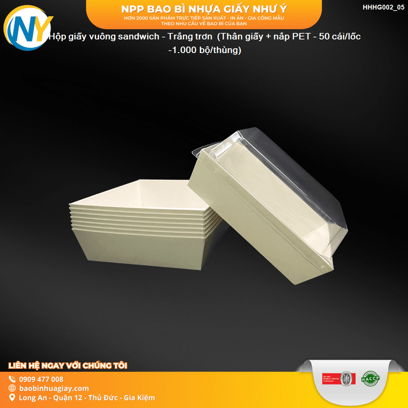 Hộp giấy vuông sandwich - Trắng trơn  (Thân giấy + nắp PET - 50 cái/lốc -1.000 bộ/thùng) | HỘP GIẤY - TÚI GIẤY NGÀNH BÁNH NGỌT- BÁNH MÌ - FASTFOOD - GÀ RÁN | Mã HHHG002_05