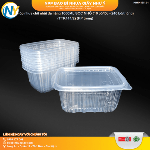 Hộp nhựa chữ nhật đa năng 1000ML SỌC NHỎ (10 bộ/lốc - 240 bộ/thùng) (TTK444/2) (PP trong) | HỘP NHỰA, TÔ/THỐ NHỰA VUÔNG/TRÒN - HỘP MICROWAVE | Mã HHHN155_01 | Tổng kho phân phối đồ dùng 1 lần 1lan.vn