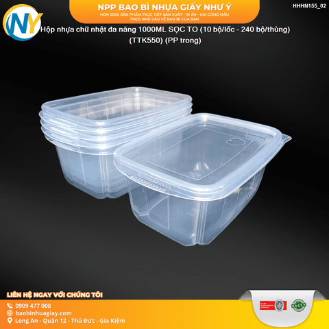 Hộp nhựa chữ nhật đa năng 1000ML SỌC TO (10 bộ/lốc - 240 bộ/thùng) (TTK550) (PP trong) | HỘP NHỰA, TÔ/THỐ NHỰA VUÔNG/TRÒN - HỘP MICROWAVE | Mã HHHN155_02 | Tổng kho phân phối đồ dùng 1 lần 1lan.vn
