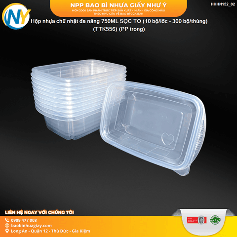 Hộp nhựa chữ nhật đa năng 750ML SỌC TO (10 bộ/lốc - 300 bộ/thùng) (TTK556) (PP trong) | HỘP NHỰA, TÔ/THỐ NHỰA VUÔNG/TRÒN - HỘP MICROWAVE | Mã HHHN152_02 | Tổng kho phân phối đồ dùng 1 lần 1lan.vn