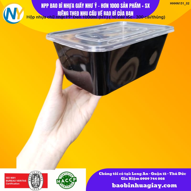 Hộp nhựa Microwave CN 1000ml - Đen (HT) ( 10 cái/ lốc - 300 cái/thùng) | HỘP NHỰA, TÔ/THỐ NHỰA VUÔNG/TRÒN - HỘP MICROWAVE | Mã HHHN151_02