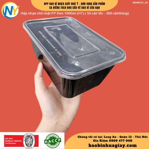 Hộp nhựa Microwave CN 1000ml - Đen (HT) ( 50 cái/ lốc - 300 cái/thùng) | HỘP NHỰA, TÔ/THỐ NHỰA VUÔNG/TRÒN - HỘP MICROWAVE | Mã HHHN151_04 | Tổng kho phân phối đồ dùng 1 lần 1lan.vn