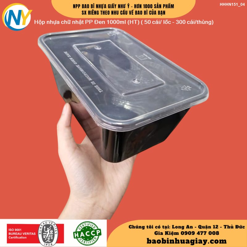 Hộp nhựa Microwave CN 1000ml - Đen (HT) ( 50 cái/ lốc - 300 cái/thùng) | HỘP NHỰA, TÔ/THỐ NHỰA VUÔNG/TRÒN - HỘP MICROWAVE | Mã HHHN151_04
