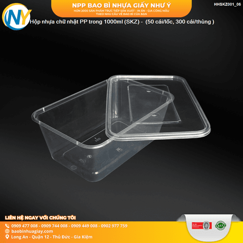 Hộp nhựa chữ nhật 1000ml (L50)- TRONG (SKZ) - (50 cái/lốc, 300 cái/thùng) | HỘP NHỰA, TÔ/THỐ NHỰA VUÔNG/TRÒN - HỘP MICROWAVE | Mã HHSKZ001_06 | Tổng kho phân phối đồ dùng 1 lần 1lan.vn