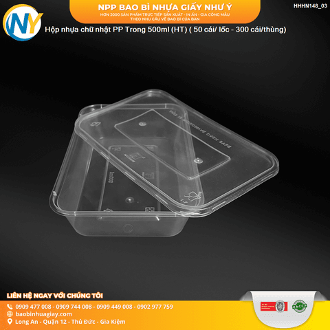 Hộp nhựa Microwave CN 500ml - Trong (HT) ( 50 cái/ lốc - 300 cái/thùng) | HỘP NHỰA, TÔ/THỐ NHỰA VUÔNG/TRÒN - HỘP MICROWAVE | Mã HHHN148_03 | Tổng kho phân phối đồ dùng 1 lần 1lan.vn