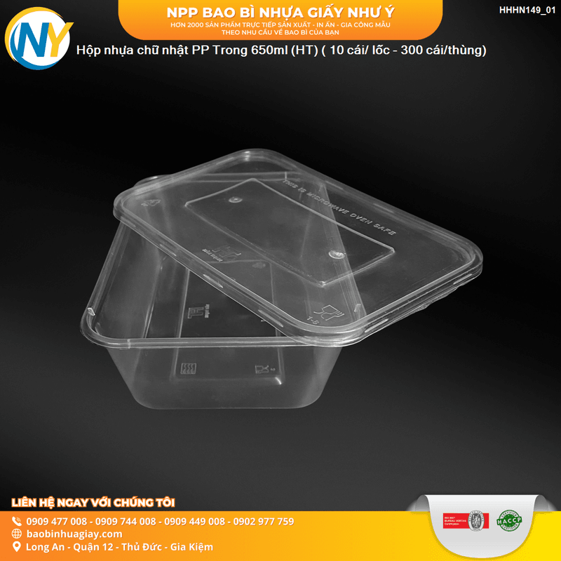 Hộp nhựa Microwave CN 650ml - Trong (HT) ( 10 cái/ lốc - 300 cái/thùng) | HỘP NHỰA, TÔ/THỐ NHỰA VUÔNG/TRÒN - HỘP MICROWAVE | Mã HHHN149_01