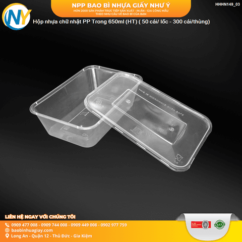 Hộp nhựa Microwave CN 650ml - Trong (HT) ( 50 cái/ lốc - 300 cái/thùng) | HỘP NHỰA, TÔ/THỐ NHỰA VUÔNG/TRÒN - HỘP MICROWAVE | Mã HHHN149_03 | Tổng kho phân phối đồ dùng 1 lần 1lan.vn