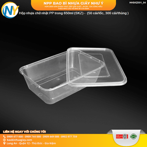 Hộp nhựa chữ nhật 650ml (L50)- TRONG (SKZ) - (50 cái/lốc, 300 cái/thùng ) | HỘP NHỰA, TÔ/THỐ NHỰA VUÔNG/TRÒN - HỘP MICROWAVE | Mã HHSKZ001_04 | Tổng kho phân phối đồ dùng 1 lần 1lan.vn