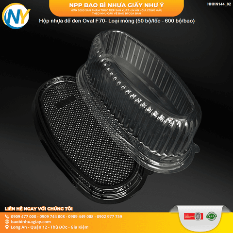 Hộp nhựa đế đen Oval F70- Loại mỏng (50 bộ/lốc - 600 bộ/bao) | HỘP NHỰA TRONG ĐỰNG BÁNH - MỨT | Mã HHHN144_02 | Tổng kho phân phối đồ dùng 1 lần 1lan.vn