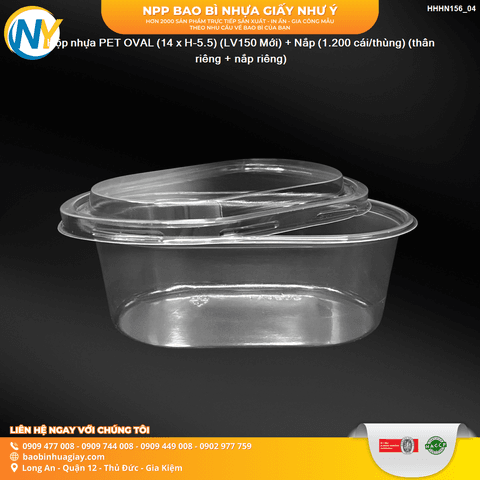 Hộp nhựa PET OVAL (14 x H-5.5) (LV150 Mới) + Nắp (1.200 cái/thùng) (thân riêng + nắp riêng) | HỘP NHỰA TRONG ĐỰNG BÁNH - MỨT | Mã HHHN156_04 | Tổng kho phân phối đồ dùng 1 lần 1lan.vn