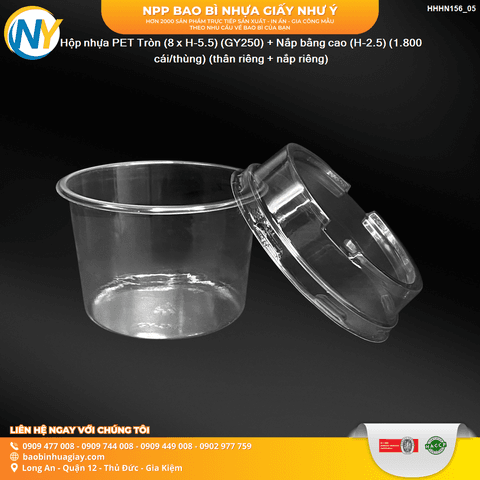 Hộp nhựa PET Tròn (8 x H-5.5) (GY250) + Nắp bằng cao (H-2.5) (1.800 cái/thùng) (thân riêng + nắp riêng) | HỘP NHỰA TRONG ĐỰNG BÁNH - MỨT | Mã HHHN156_05 | Tổng kho phân phối đồ dùng 1 lần 1lan.vn
