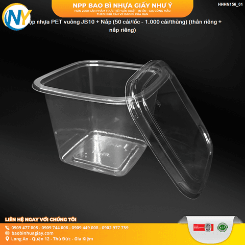 Hộp nhựa PET vuông JB10 + Nắp (50 cái/lốc - 1.000 cái/thùng) (thân riêng + nắp riêng) | HỘP NHỰA TRONG ĐỰNG BÁNH - MỨT | Mã HHHN156_01 | Tổng kho phân phối đồ dùng 1 lần 1lan.vn