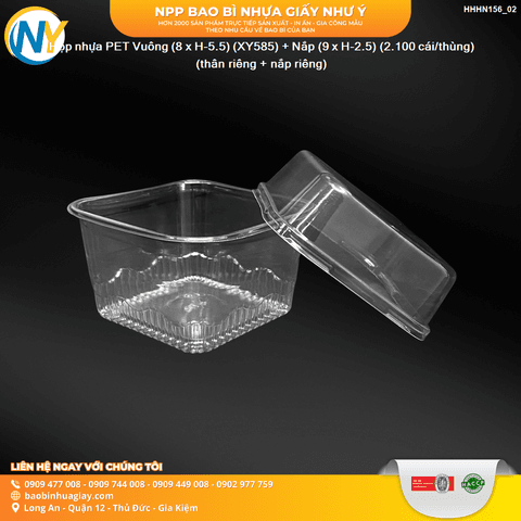 Hộp nhựa PET Vuông (8 x H-5.5) (XY585) + Nắp (9 x H-2.5) (2.100 cái/thùng) (thân riêng + nắp riêng) | HỘP NHỰA TRONG ĐỰNG BÁNH - MỨT | Mã HHHN156_02 | Tổng kho phân phối đồ dùng 1 lần 1lan.vn