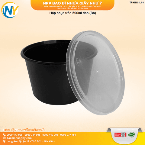 Hộp nhựa tròn 500ml đen (Bộ) | HỘP NHỰA, TÔ/THỐ NHỰA VUÔNG/TRÒN - HỘP MICROWAVE | Mã TPHN101_03 | Tổng kho phân phối đồ dùng 1 lần 1lan.vn